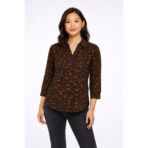 👚 Pleione Women’s Small Blouse – Black Floral Print – 3/4 Sleeve – Button Front